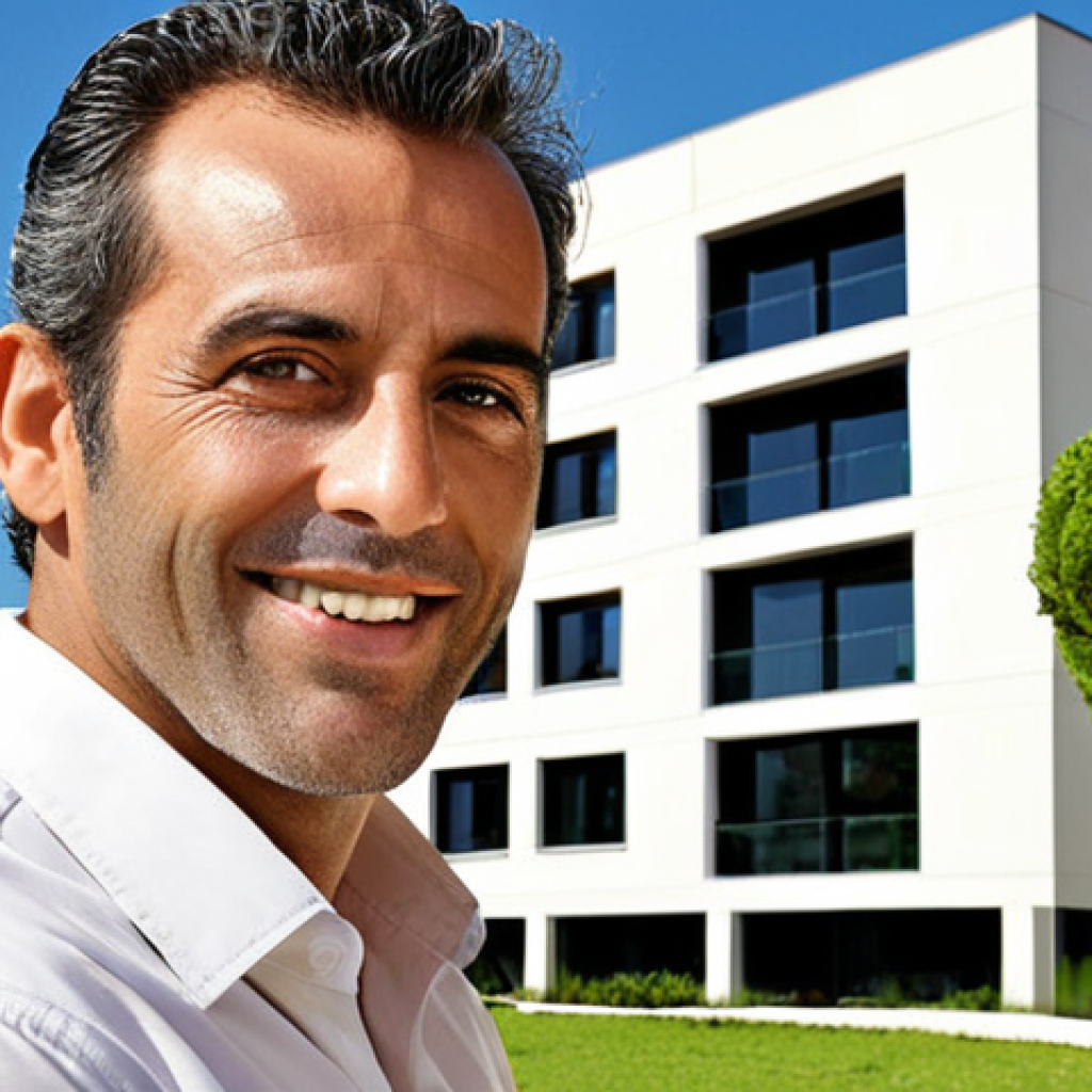 Successful Condominium Manager**

Prompt: "Professional condominium manager, confidently overseeing a well-maintained luxury building in Portugal. Modern architecture, happy residents, thriving green spaces, financial charts in the background, symbolizing efficient management."

**