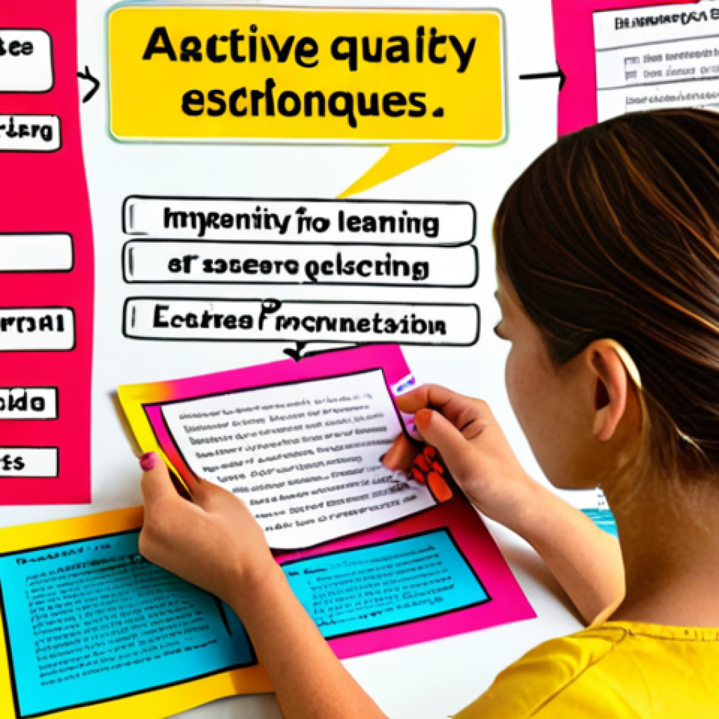 ** A vibrant and organized mind map depicting different study techniques like flashcards, summaries, and practice tests branching out from a central image of a student studying. Use bright colors and engaging visuals to represent each technique, conveying a sense of active learning and interconnectedness.

**