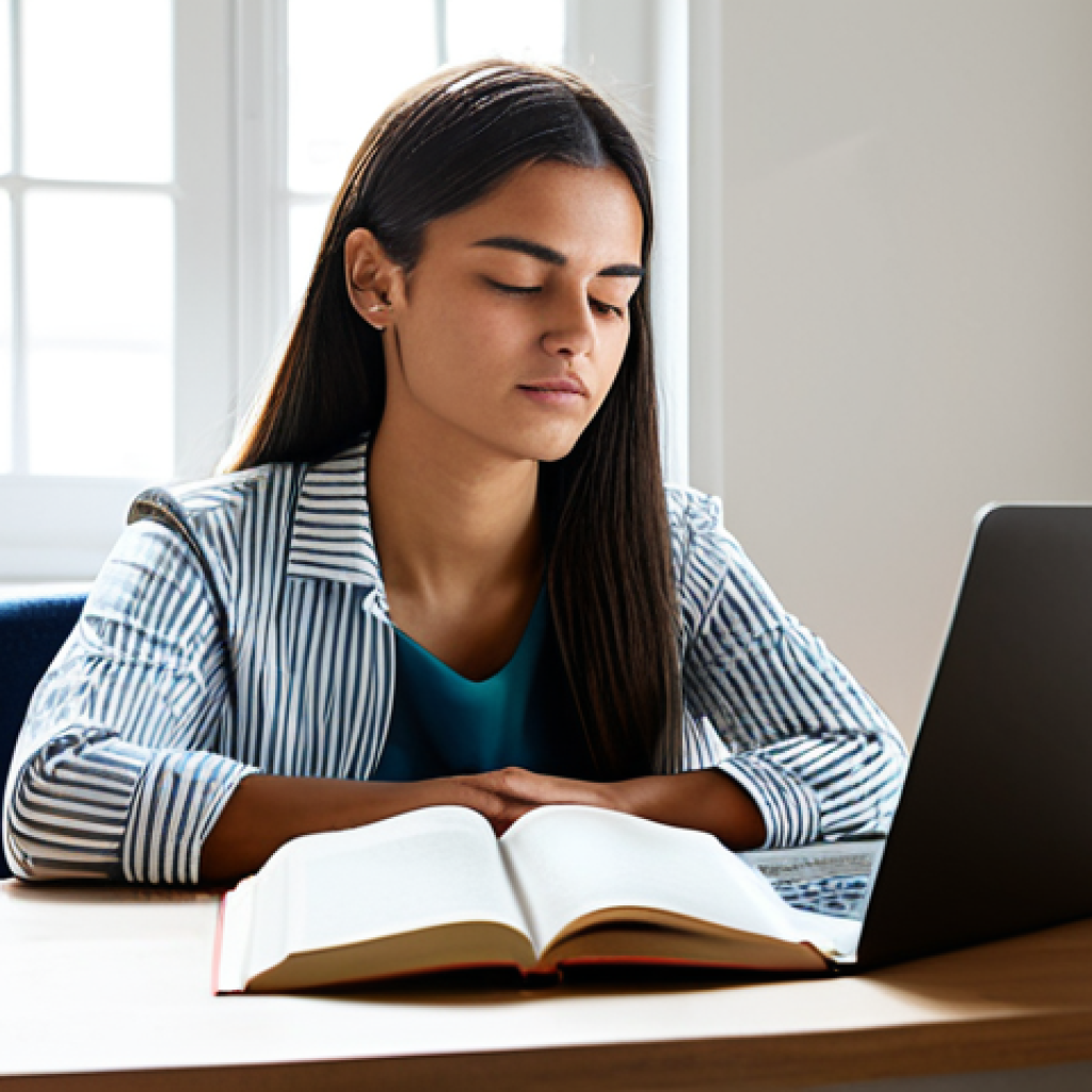 A focused Portuguese professional student, male or female, meditating calmly at a well-organized desk in a modern, sunlit study room. A stack of professional textbooks and a laptop are neatly arranged on the desk. The individual is fully clothed in modest, comfortable but professional attire, exuding a sense of peace and determination. The room is tidy with natural light. Safe for work, appropriate content, fully clothed, professional. Perfect anatomy, correct proportions, natural pose, well-formed hands, proper finger count, natural body proportions, high-quality, sharp focus, natural colors.