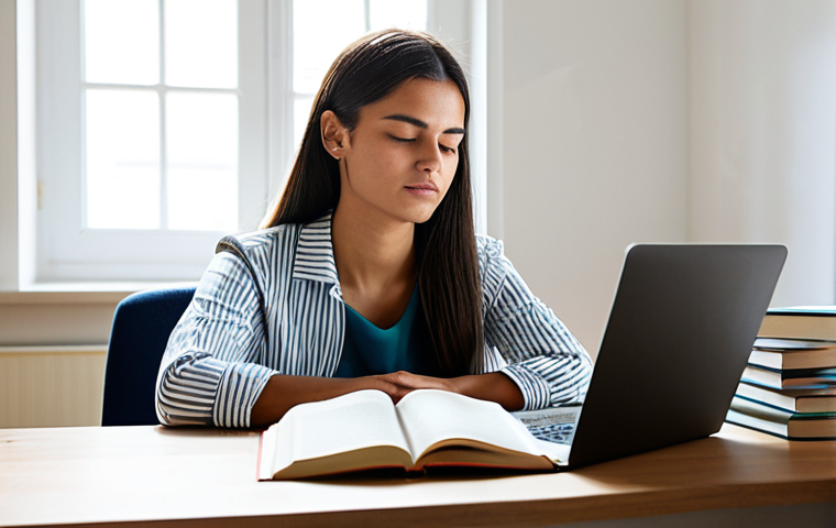 A focused Portuguese professional student, male or female, meditating calmly at a well-organized desk in a modern, sunlit study room. A stack of professional textbooks and a laptop are neatly arranged on the desk. The individual is fully clothed in modest, comfortable but professional attire, exuding a sense of peace and determination. The room is tidy with natural light. Safe for work, appropriate content, fully clothed, professional. Perfect anatomy, correct proportions, natural pose, well-formed hands, proper finger count, natural body proportions, high-quality, sharp focus, natural colors.