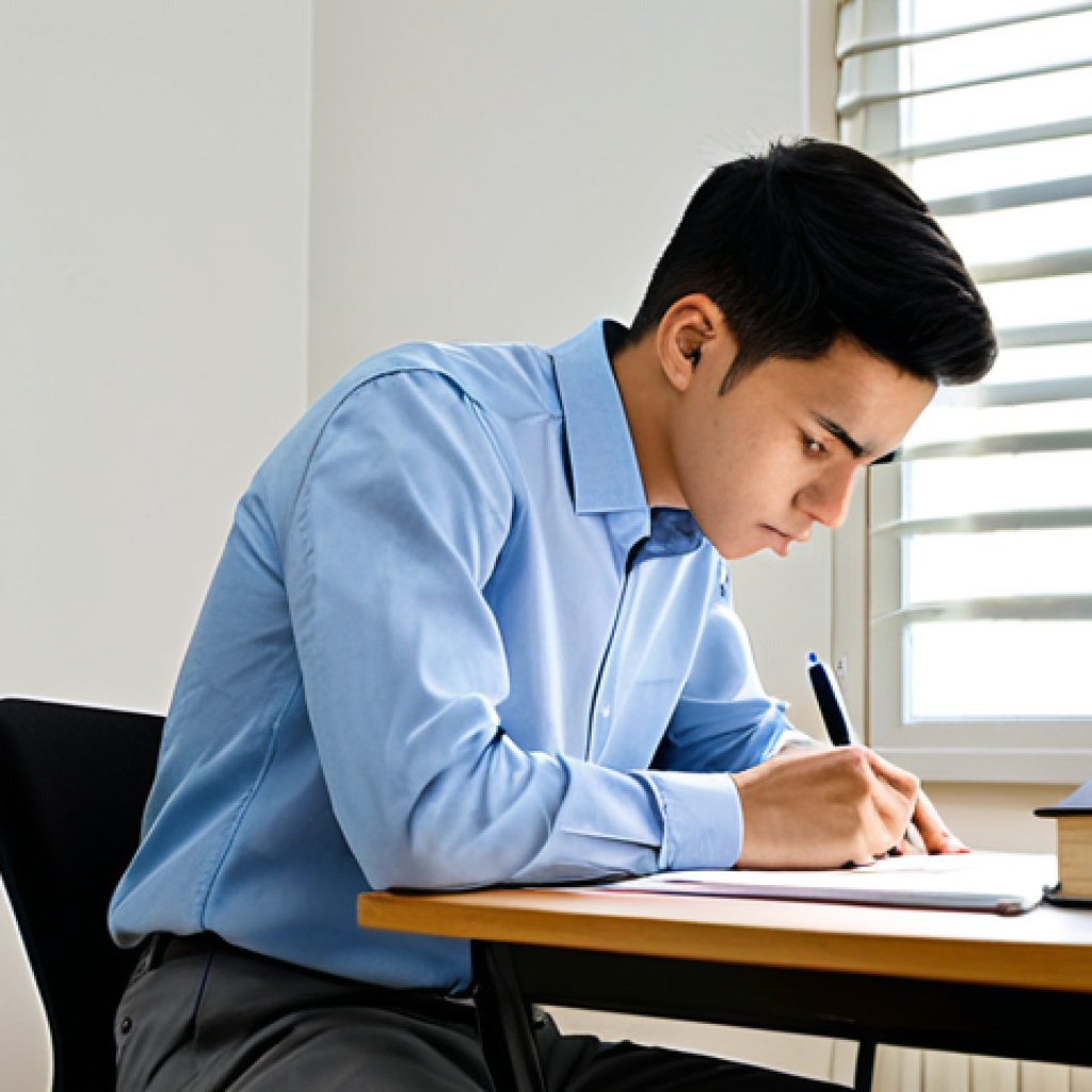 A focused professional male student in a modest collared shirt and neat trousers, intensely reviewing printed exam papers and writing notes in a physical notebook labeled "Caderno de Erros" at a large, organized wooden desk. The desk is clear except for a laptop, a few neatly stacked textbooks, and a pen. The background is a clean, modern study room with soft, natural light coming from a window, creating a calm and studious atmosphere. Perfect anatomy, correct proportions, natural pose, well-formed hands, proper finger count, natural body proportions, safe for work, appropriate content, fully clothed, professional, high-quality digital illustration, detailed, realistic.
