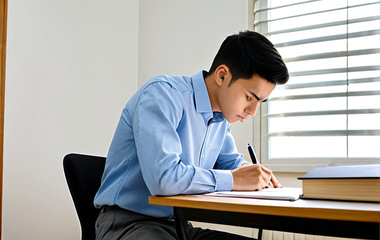 A focused professional male student in a modest collared shirt and neat trousers, intensely reviewing printed exam papers and writing notes in a physical notebook labeled "Caderno de Erros" at a large, organized wooden desk. The desk is clear except for a laptop, a few neatly stacked textbooks, and a pen. The background is a clean, modern study room with soft, natural light coming from a window, creating a calm and studious atmosphere. Perfect anatomy, correct proportions, natural pose, well-formed hands, proper finger count, natural body proportions, safe for work, appropriate content, fully clothed, professional, high-quality digital illustration, detailed, realistic.