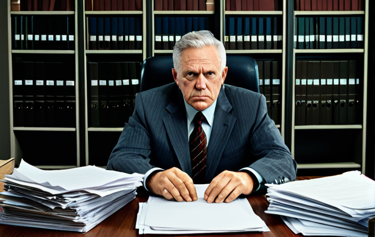 A public servant, appearing a bit overwhelmed, seated at a cluttered desk overflowing with stacks of paper files in a dimly lit, rigid, and traditional government office. An old desktop computer is visible. The atmosphere emphasizes bureaucracy and strict internal controls. The individual is fully clothed in a modest, professional business suit, appropriate attire. There's a subtle sense of hierarchical structure. The image portrays the traditional, slow, and paper-based public service. perfect anatomy, correct proportions, natural pose, well-formed hands, proper finger count, natural body proportions, professional photography, high quality, safe for work, appropriate content, fully clothed, professional.
