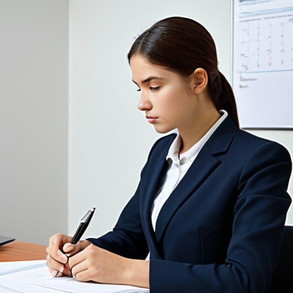 A calm and focused young professional, dressed in a modest, dark business suit, is seated at a well-lit desk in a quiet exam room. A digital clock is clearly visible in the background, subtly reminding of time management. The professional holds a pen, looking thoughtfully at the question paper, with a notebook containing an outlined plan. The scene emphasizes diligent preparation and controlled pressure. Perfect anatomy, correct proportions, natural pose, well-formed hands, proper finger count, natural body proportions, professional photography, high quality, safe for work, appropriate content, fully clothed, professional dress, family-friendly.
