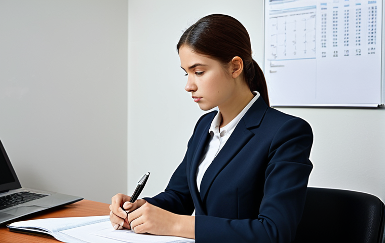 A calm and focused young professional, dressed in a modest, dark business suit, is seated at a well-lit desk in a quiet exam room. A digital clock is clearly visible in the background, subtly reminding of time management. The professional holds a pen, looking thoughtfully at the question paper, with a notebook containing an outlined plan. The scene emphasizes diligent preparation and controlled pressure. Perfect anatomy, correct proportions, natural pose, well-formed hands, proper finger count, natural body proportions, professional photography, high quality, safe for work, appropriate content, fully clothed, professional dress, family-friendly.