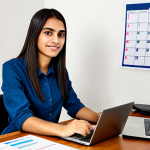 A professional young adult, gender-neutral, of South American appearance, fully clothed in modest, professional dress, wearing a comfortable yet smart casual outfit. The person is sitting at a clean, well-lit study desk in a contemporary home office. The desk is organized with a laptop displaying a digital document, a physical printed public notice document with highlighted sections, and colorful pens. A wall calendar or study planner is visible in the background, suggesting a strategic study schedule. The overall atmosphere is one of focused organization and calm determination. Perfect anatomy, correct proportions, natural pose, well-formed hands, proper finger count, natural body proportions, professional photography, high quality, soft studio lighting, ultra-detailed, safe for work, appropriate content, fully clothed, professional, family-friendly.