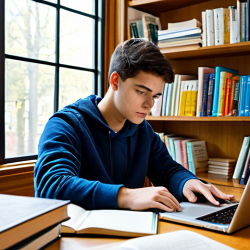 Organized Study Session**

A student fully clothed in comfortable attire, studying diligently at a wooden desk with textbooks and notes. Laptop displaying a study guide in the background. Bookshelves filled with diverse books line the wall. Natural light from a nearby window illuminates the scene. Safe for work, appropriate content, professional, perfect anatomy, natural proportions, high quality.

**