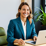 **

A friendly and approachable woman in her late 30s, wearing a stylish but modest business casual outfit (blazer, blouse, slacks), sitting at a modern desk in a bright, plant-filled co-working space. She is smiling warmly while video conferencing on a laptop. The background includes diverse people collaborating. The image should convey a sense of entrepreneurship and social impact. Safe for work, appropriate content, fully clothed, professional. Perfect anatomy, correct proportions, natural pose, well-formed hands.

**
