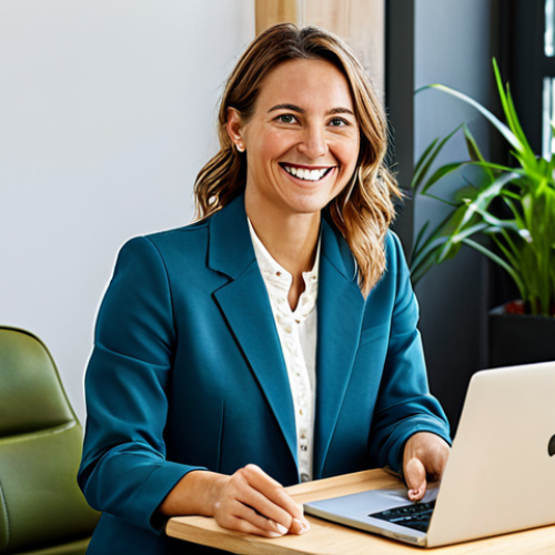 **

A friendly and approachable woman in her late 30s, wearing a stylish but modest business casual outfit (blazer, blouse, slacks), sitting at a modern desk in a bright, plant-filled co-working space. She is smiling warmly while video conferencing on a laptop. The background includes diverse people collaborating. The image should convey a sense of entrepreneurship and social impact. Safe for work, appropriate content, fully clothed, professional. Perfect anatomy, correct proportions, natural pose, well-formed hands.

**