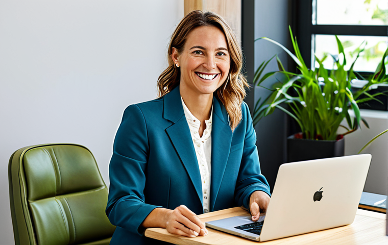 **
A friendly and approachable woman in her late 30s, wearing a stylish but modest business casual outfit (blazer, blouse, slacks), sitting at a modern desk in a bright, plant-filled co-working space. She is smiling warmly while video conferencing on a laptop. The background includes diverse people collaborating. The image should convey a sense of entrepreneurship and social impact. Safe for work, appropriate content, fully clothed, professional. Perfect anatomy, correct proportions, natural pose, well-formed hands.
**