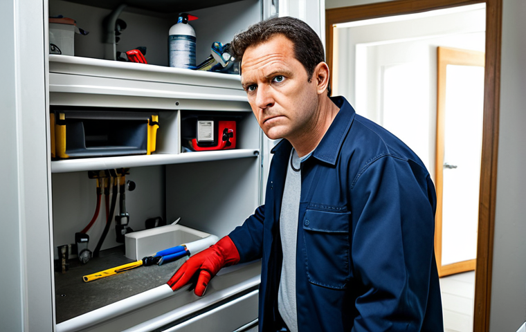 Proactive Problem Solver**
"A fully clothed property manager inspecting a building's plumbing with a determined expression, toolbox nearby, safe for work, professional, well-lit, appropriate content, perfect anatomy, correct proportions, family-friendly."
**
