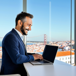 Modern Condominium Management**

"A professional condominium administrator, fully clothed in a modest business casual outfit, using a laptop in a bright, modern office overlooking a Lisbon cityscape. The administrator is smiling gently, looking organized and efficient.  Ensure perfect anatomy and correct proportions. Safe for work, appropriate content, family-friendly. Professional digital art."

**