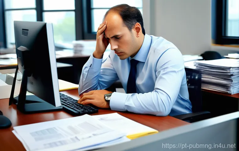 공공관리사 직무 스트레스 관리법 - **Overwhelmed Public Servant in a Modern Office:** A diverse public servant, appearing stressed and ...