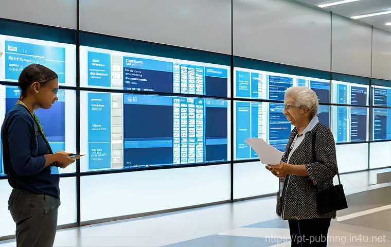 공공관리사 실무에서 자주 쓰이는 용어 - **Prompt:** A dynamic, brightly lit scene inside a modern Brazilian government service center, showc...