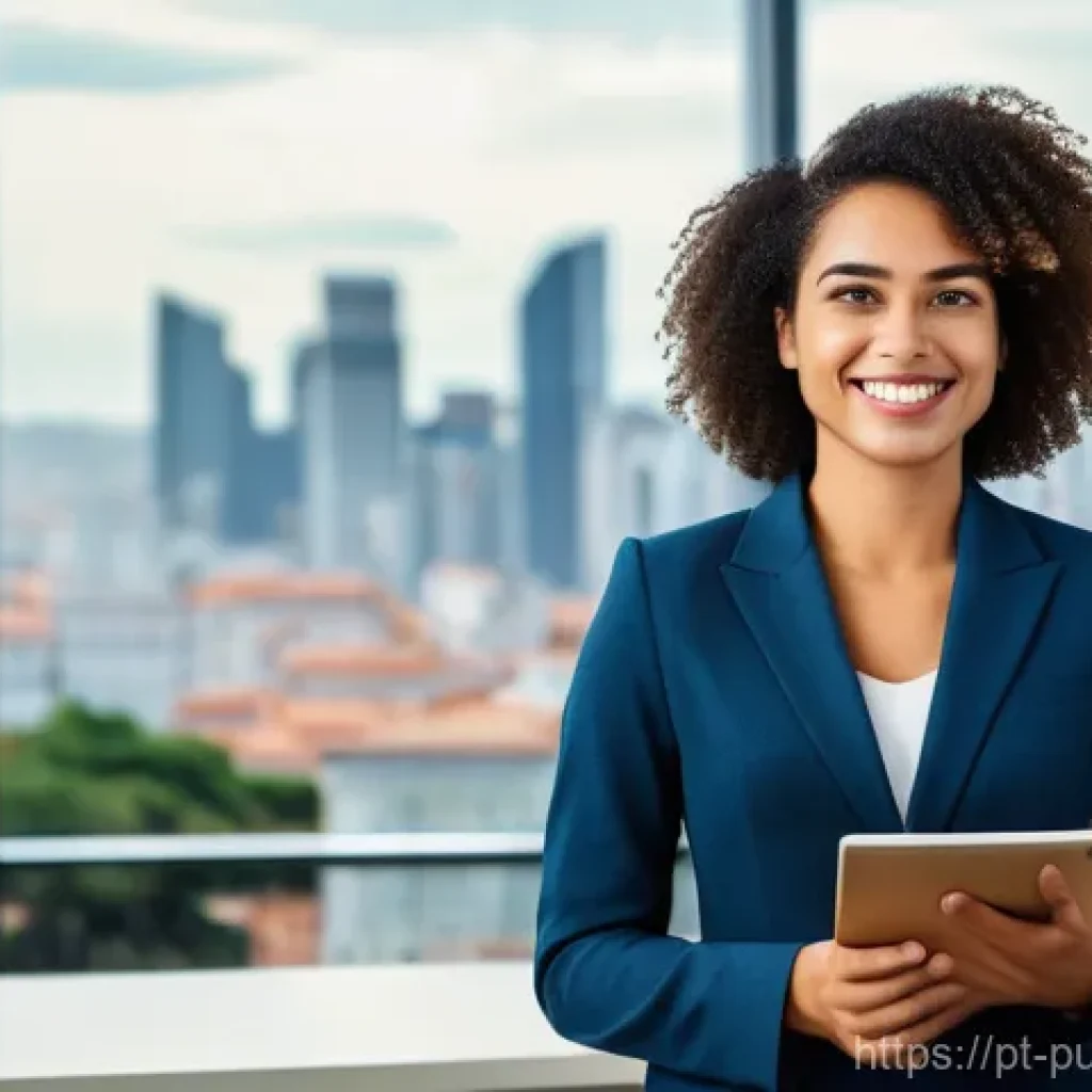 공공관리사 채용 공고 분석 - **Prompt:** A confident, professionally dressed young woman (20s-30s, diverse ethnicity) stands smil...