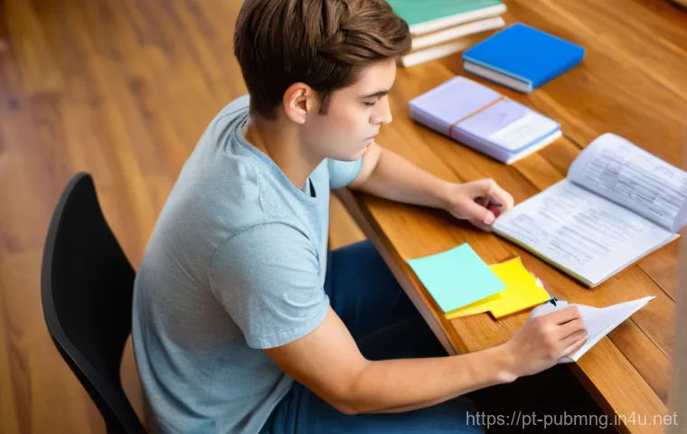 공공관리사 이론 시험 대비 학습 노하우 - A young adult, male or female, casually dressed in a non-revealing t-shirt and jeans, intensely focu...