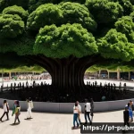 공공관리사 실무에서 자주 사용하는 용어와 정의 - **Prompt:** A dynamic, wide-angle shot set in a brightly lit, modern Brazilian public plaza. In the ...