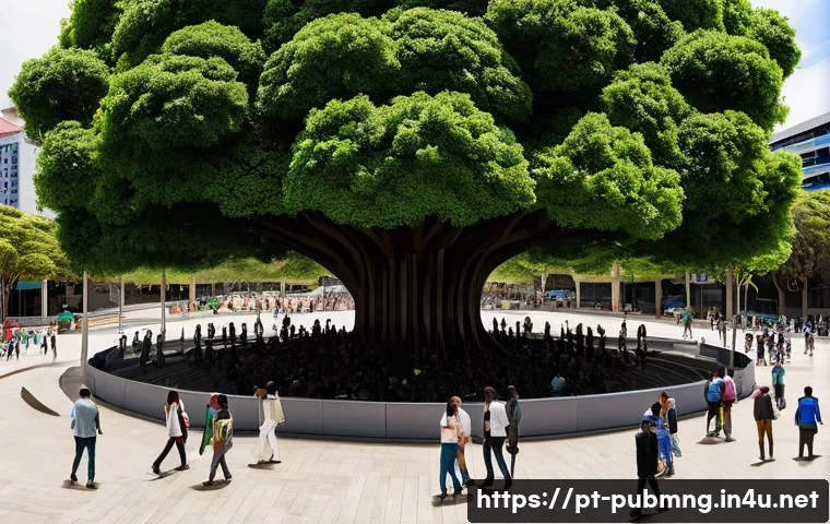 공공관리사 실무에서 자주 사용하는 용어와 정의 - **Prompt:** A dynamic, wide-angle shot set in a brightly lit, modern Brazilian public plaza. In the ...