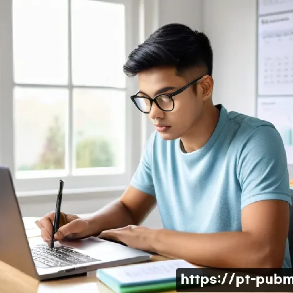 공공관리사 시험을 준비하는 데 도움되는 강의 - A focused young adult studying at a modern home office desk, surrounded by neatly organized study ma...