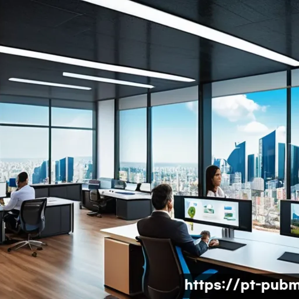 공공관리사 직무에서의 성공 사례 - A modern Brazilian public service office with diverse government employees collaborating around digi...