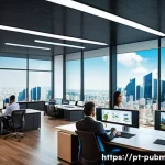 공공관리사 직무에서의 성공 사례 - A modern Brazilian public service office with diverse government employees collaborating around digi...