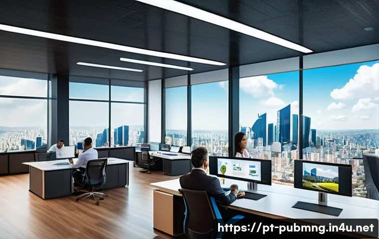 공공관리사 직무에서의 성공 사례 - A modern Brazilian public service office with diverse government employees collaborating around digi...