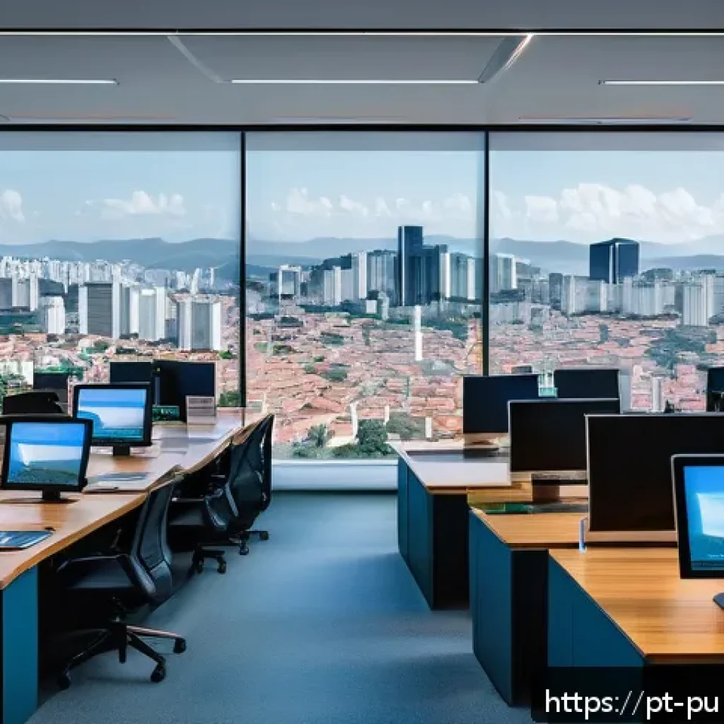 공공관리사 관련 산업에서의 글로벌 동향 - A modern public administration office in Brazil showcasing a futuristic digital integrated platform ...