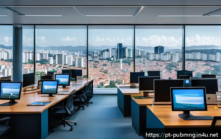 공공관리사 관련 산업에서의 글로벌 동향 - A modern public administration office in Brazil showcasing a futuristic digital integrated platform ...