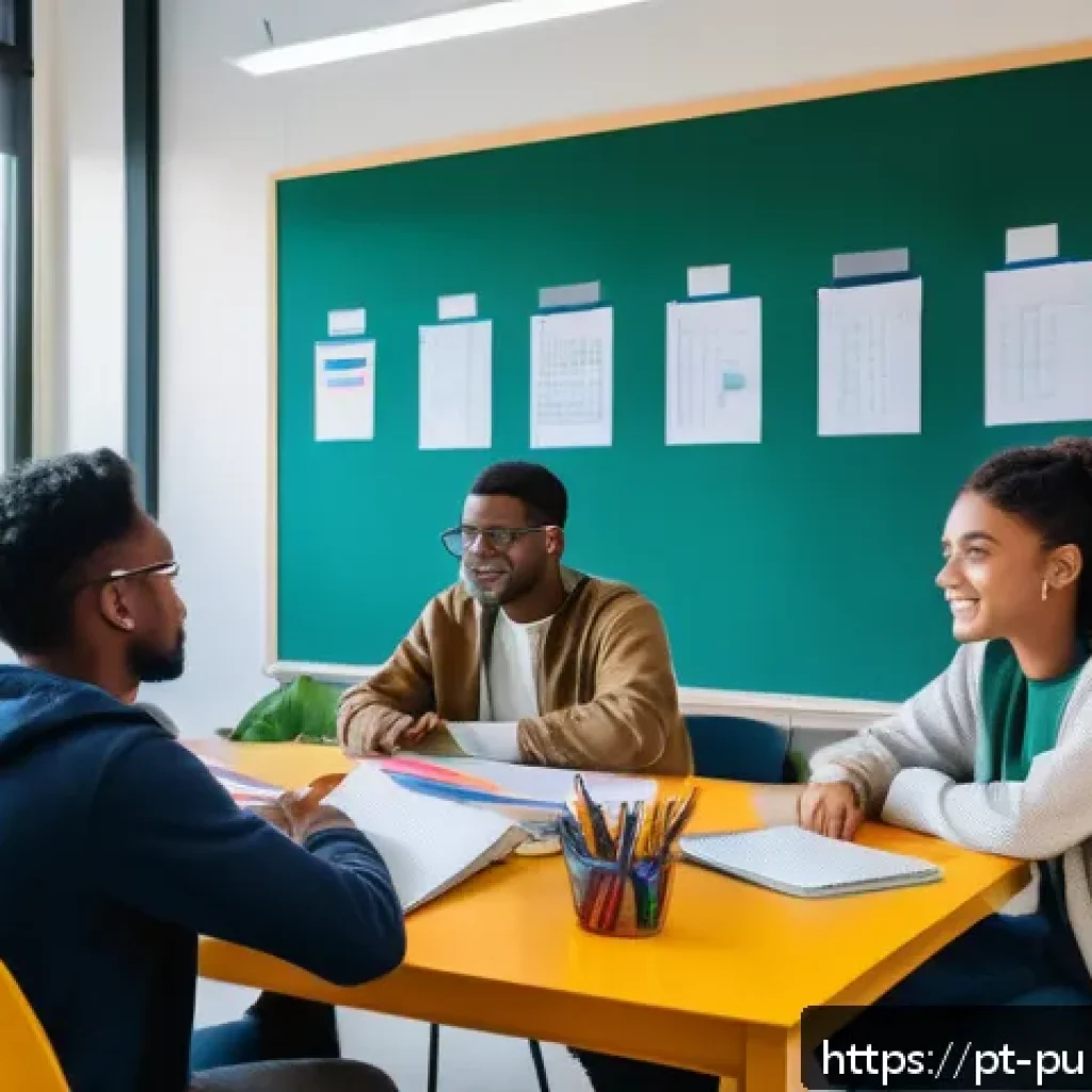 공공관리사 시험 대비를 위한 스터디 그룹 운영 사례 - A diverse group of young adults studying together in a bright, modern library room. They are seated ...