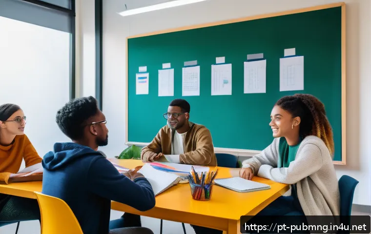 공공관리사 시험 대비를 위한 스터디 그룹 운영 사례 - A diverse group of young adults studying together in a bright, modern library room. They are seated ...