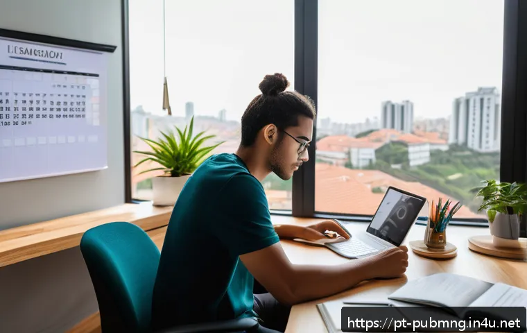 공공관리사 시험 대비 모의고사 활용법 - A focused young adult studying at a modern desk in a cozy home office, surrounded by educational mat...