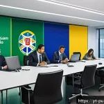Home 18 공공관리사 필기시험에서 자주 나오는 질문 - A modern government office scene showcasing diverse public servants collaborating around a large tab...