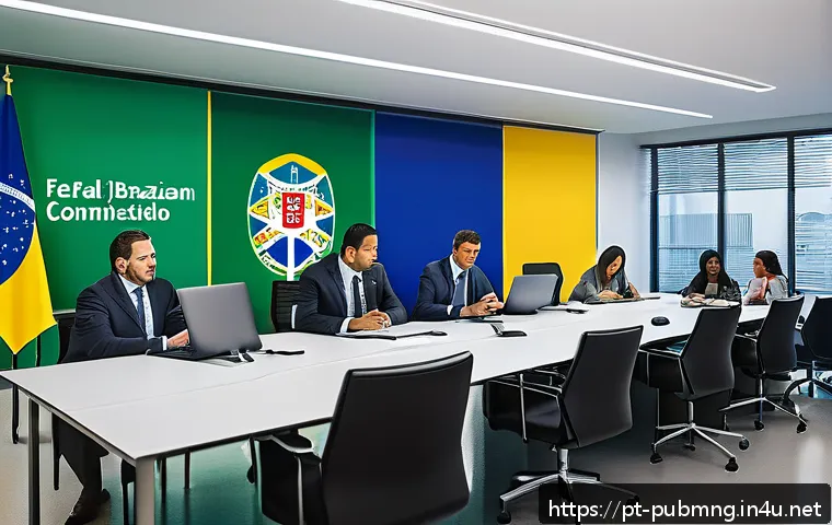 공공관리사 필기시험에서 자주 나오는 질문 - A modern government office scene showcasing diverse public servants collaborating around a large tab...